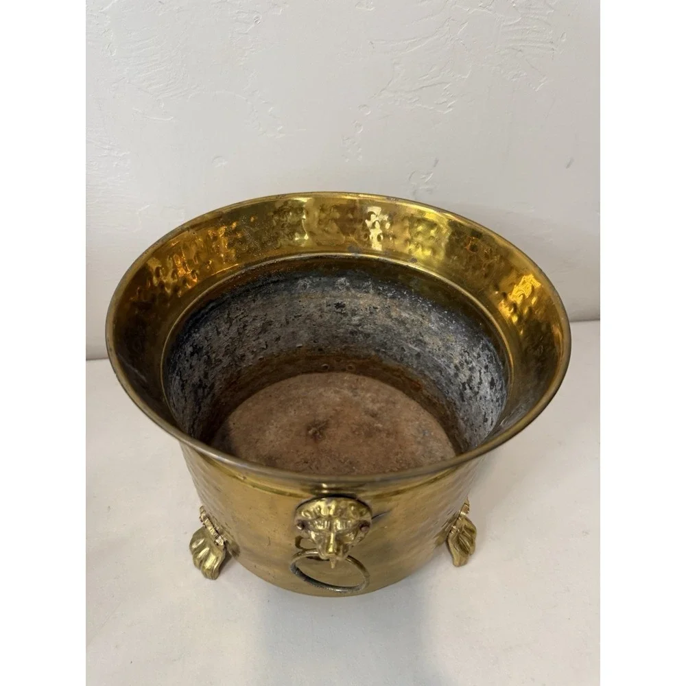 Vintage Brass Lion Head Planter Hollywood Regency Footed Cachepot Plant Pot 7